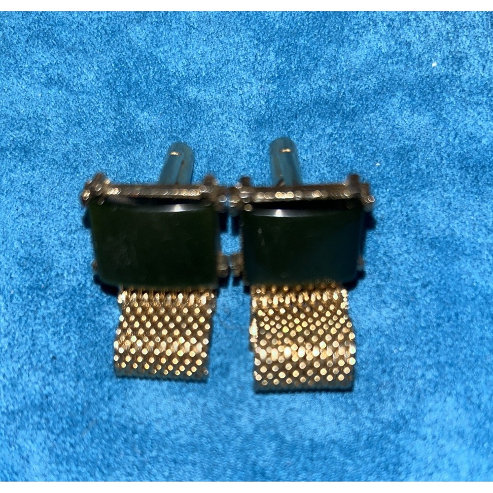 Vintage Dante Dark Green Stone Cufflinks Gold Tone Mesh‎